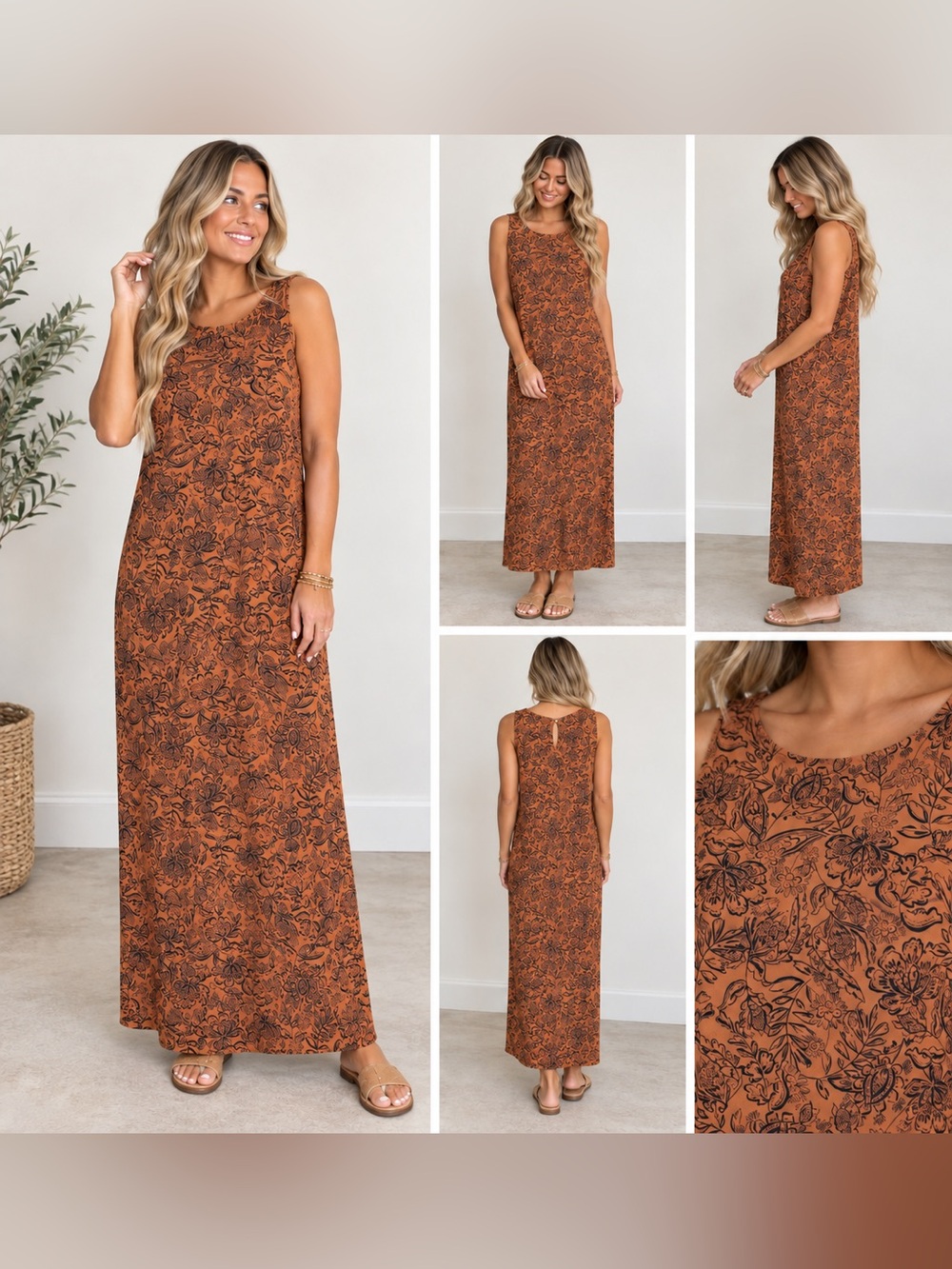 J. Jill Women's brown Floral Print Sleeveless Maxi Dress size small tall